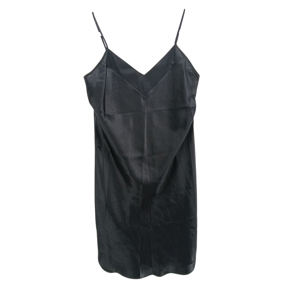 VTG Black Satin Side Slit Slip Dress Size SM Y2K 90s Minimalist Goth Edgy LBD